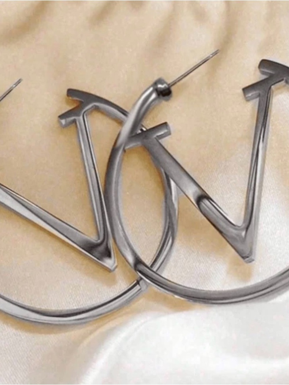 Silver Tone V Hoop Logo Drop Earrings - Accessories